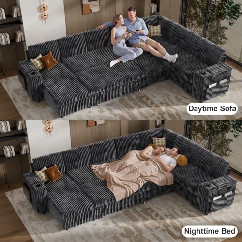 Vipbear 130" Modular Sectional Sleeper Sofa with Pull Out Bed, 9 Seat Corduroy L Shaped Couch with Ottoman and Chaise|USB Ports|Cup Holders|Side Table, Tool Free Assembly, Grey