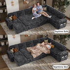 Vipbear 130" Modular Sectional Sleeper Sofa with Pull Out Bed, 9 Seat Corduroy L Shaped Couch with Ottoman and Chaise|USB Ports|Cup Holders|Side Table, Tool Free Assembly, Grey