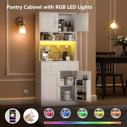 71" Tall Kitchen Pantry Cabinet with Microwave Countertop, LED Lights White | 29.5" W Wood Kitchen Hutch with Drawer, 4 Doors, Charging Station and Adjustable Shelf for Dining Room and Living Room