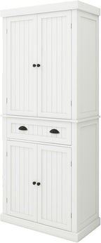71.61" Kitchen Pantry Cabinet, Tall Storage Cabinet with 4 Doors and 1 Drawer, Freestanding Wood Kitchen Cabinet Cupboard with Adjustable Shelves for Kitchen, Dining Room, Living Room, White A