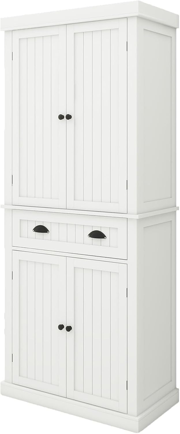 71.61" Kitchen Pantry Cabinet, Tall Storage Cabinet with 4 Doors and 1 Drawer, Freestanding Wood Kitchen Cabinet Cupboard with Adjustable Shelves for Kitchen, Dining Room, Living Room, White A