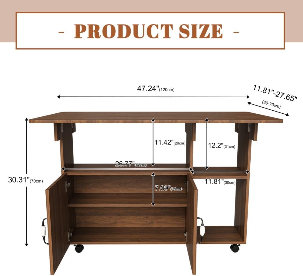Folding Dining Table with Wheels, Drop Leaf Dinner Table with 2-Layer Storage, Space Saving Table for Small Spaces, Kitchen, Dining Room (Walnut)