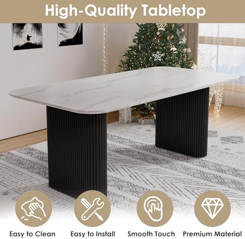 RGZ Modern Oval Dining Table Set for 4,71" Faux Marble Kitchen Table with Ripple Legs & 4 White Black Boucle Dining Chairs, Dinner Table and Chair for Dining Room, Home, Apartment