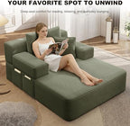 60.2" Oversized Chaise Lounge Chair, Corduroy Cloud Couch, Deep Seat Convertible Sofa Bed with 3 Pillows, Wide Armrests, Side Pocket, No Assembly (Green)