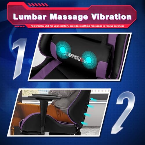 ECOTOUGE Violet Ergonomic PC Massage Gaming Chair with Footrest | Reclining Racing PU Leather, Swivel Rocker, Headrest, Lumbar Pillow, Office Desk Chair, Adjustable Height, Sturdy Base