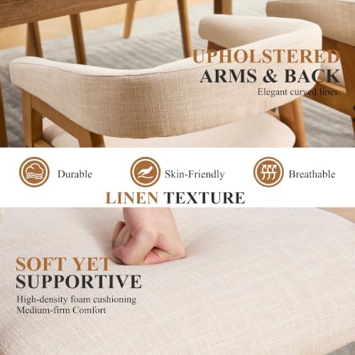 CIMOTA Modern Barrel Dining Chairs with Arms Set of 2, Upholstered Fabric Kitchen & Dining Room Chairs with Open Back/Solid Wood Legs, Comfortable Side Chairs, Linen Beige