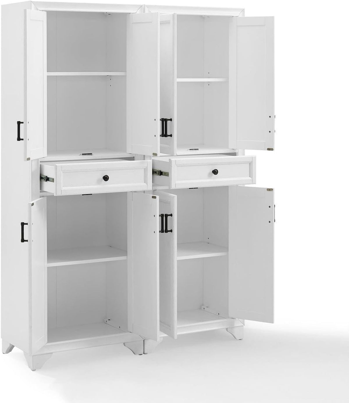 HomeStock 2-Piece Pantry Set - Distressed White Storage Cabinets - Adjustable Shelving - Modular Design