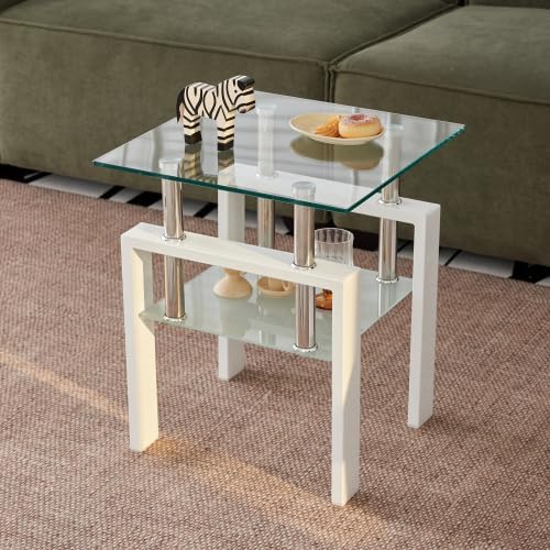 Glass End Table Tea Table with Shelf Side Table with Metal Legs Modern Small Tables for Living Room (White)