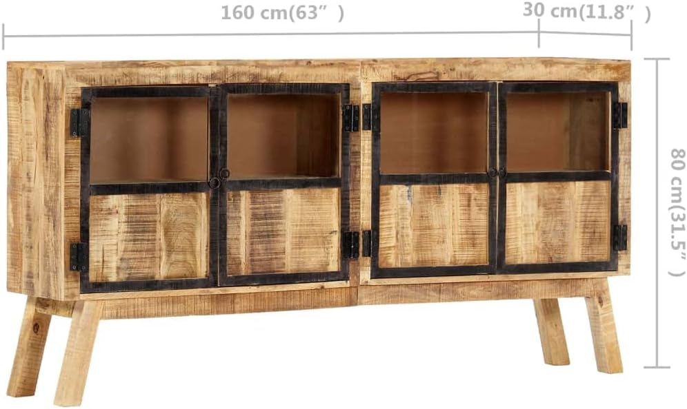 Industrial Style Solid Mango Wood Sideboard with Brown Finish and Black Accents, 63 Inch Length for Ample Storage, Durable Furniture for Living Room or Dining Area, Unique
