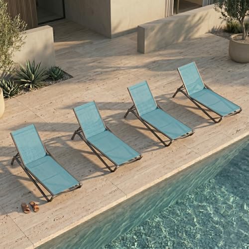 Patio Chaise Lounge Chairs Set of 4, All-Weather Aluminum Pool Loungers for Outside, 5-Position Adjustable Sunbathing Chairs for Tanning, Stackable for Backyard, Poolside, Sky Blue