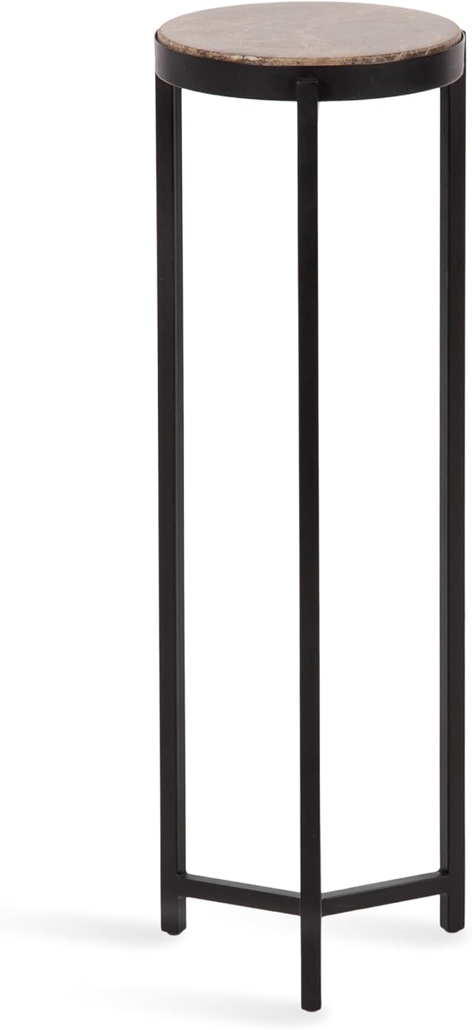 Kate and Laurel Aguilar Modern Round Drink Table, 9 x 9 x 23, Emperador Brown Marble and Black, Genuine Marble Accent Table for Use as Indoor Plant Stand or Pedestal Martini Table