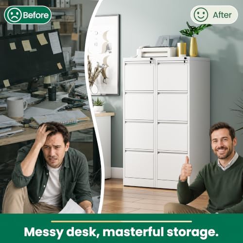 4 Drawer File Cabinet with Lock, Metal Vertical Filing Cabinet, Filing Cabinets for Home Office, Locking File Cabinet Hanging Files for A4/ Legal/Letter, Require Assembly, White