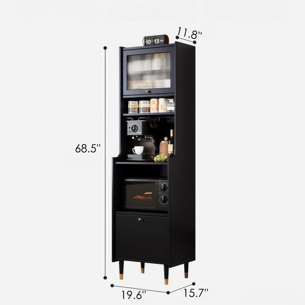 Kavie Solid Wood Kitchen Pantry Cabinet, Narrow Tall Sideboard with Acrylic Doors & Appliance Space, Modern Vintage Tea Station (Black,19.6" L*15.7" W*68.5" H)