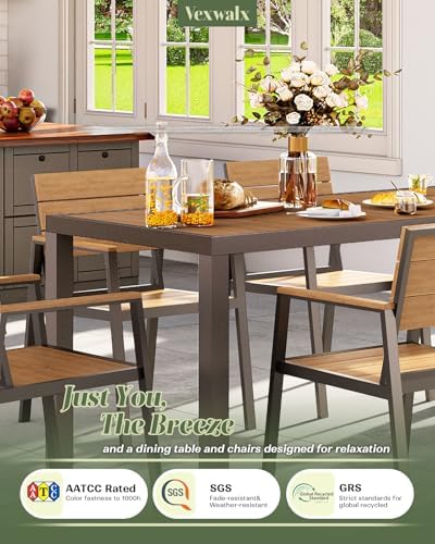 Vexwalx 7-Piece Outdoor Dining Set, Aluminum Dining Table Set for 6, Patio Table and Chairs Set with Umbrella Hole, All Weather HDPS Outdoor Table and Chairs for 6 (Gray-Teak)