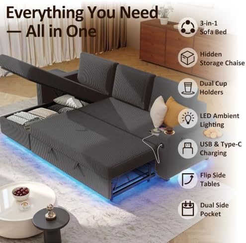 Ball & Cast 80" Sectional Sleeper Sofa Bed Pull Out Couches for Living Room | L Shaped Convertible Pull Out Sofa Bed with Storage Chaise, LED Lights, Foldable Table, USB Ports, Cup Holder and Side Pocket