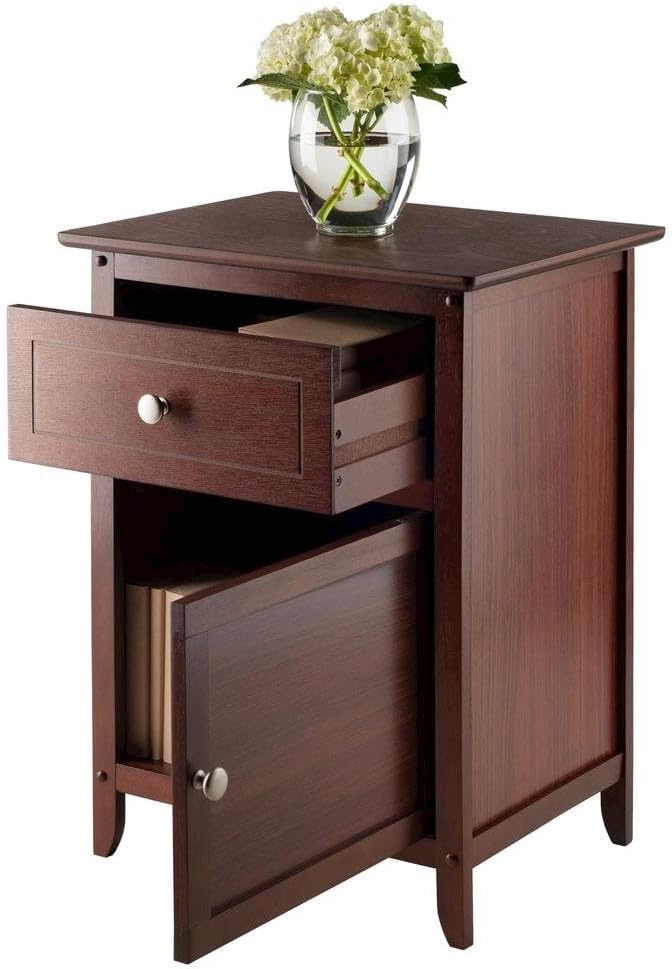 Furnifact Farmhouse End Table in Solid Wood Walnut Finish, Wooden Nightstand with Drawer and Cabinet, Side Table with Storage for Bedroom Or Living Room