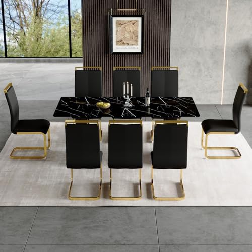 8 Chairs Dining Table Set, 71'' Kitchen Table Set for 8, Faux Marble Dining Table Set for 8 with PU Leather Chairs for Kitchen, Dining Room,Easy to Assemble