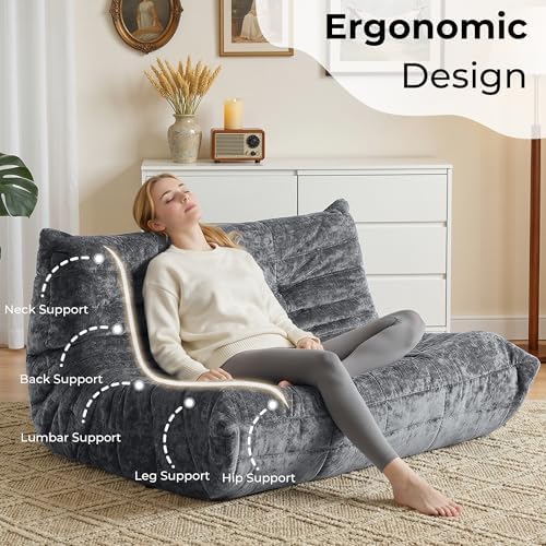 HABUTWAY Giant Bean Bag Chairs Loveseat for Adults,2 Seater,Grey | Loveseat Fireside Chair, Memory Foam Lazy Bean Bag Couch for Living Room, Bedroom, Dorm, Office