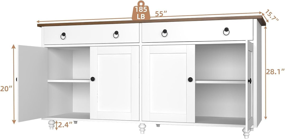 4 EVER WINNER Buffet Cabinet with Storage, 55'' Sideboard Buffet Cabinet with 2 Drawers, Coffee Bar Cabinet with 4 Doors, Kitchen Buffet Cabinet for Living Room, White