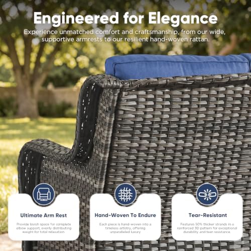 Belord Patio Sofa Luxury PE Wicker 3-Seater Outdoor Couch, Modern All-Weather High Back Deep Seat Woven Furniture Set for Porch, Deck, Balcony, Backyard - Grey/Blue