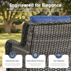 Belord Patio Sofa Luxury PE Wicker 3-Seater Outdoor Couch, Modern All-Weather High Back Deep Seat Woven Furniture Set for Porch, Deck, Balcony, Backyard - Grey/Blue