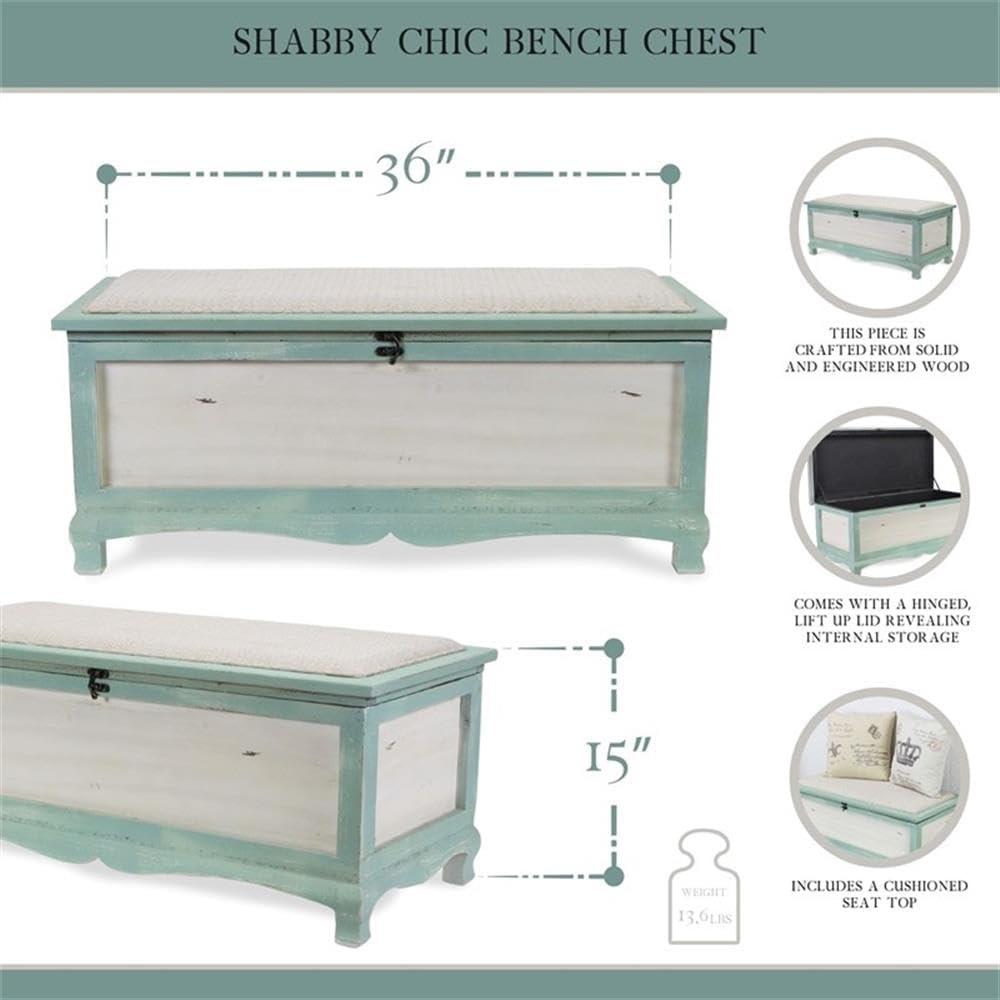 Pemberly Row Shabby-Chic Wood Bench Chest, Seafoam Green & Off White Finish, Cushioned Seat with Hinged Lift-Up Storage, Handcrafted Bedroom or Entryway Seating Organizer, Fully Assembled
