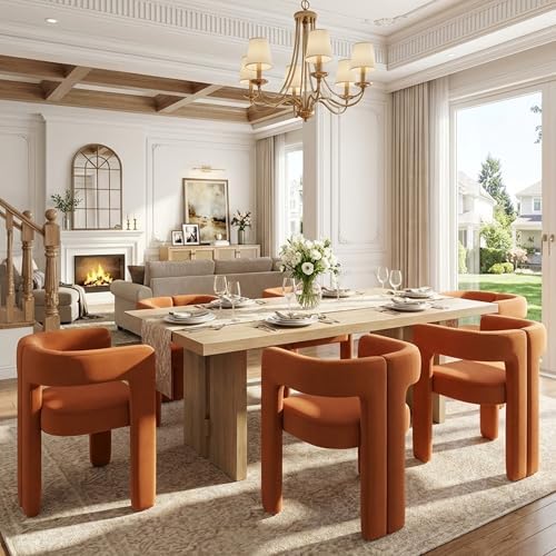 VESCASA Modern Barrel Dining Chairs Set of 4 with Open Back, Orange Velvet | Comfortable Upholstered Dining Room Chairs, Sturdy Solid Wood Legs, Accent Kitchen Armchairs for Living Room, Home, Apartment
