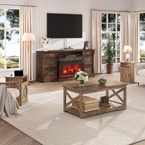 LUXOAK 3 Piece Living Room Table Set with Barn Door, Barnwood | Includes Coffee Table and 2 End Tables, Charging Station &USB Ports, Rustic Farmhouse Style, Living Room Furniture Set