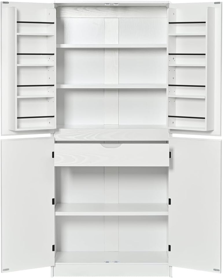 72" Tall Kitchen Pantry with Hidden Drawer, 8 Door Shelves & 3 Adjustable Shelves Farmhouse Cabinet, Versatile Cupboard for Kitchen, Dining & Bathroom (White)