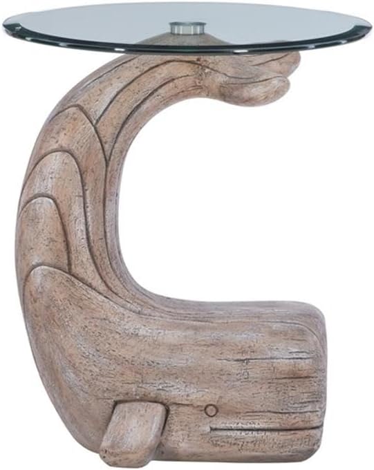 MAKLAINE Whale Sculptured Accent Table, 23 in Tall, Resin Base with Driftwood Finish, 20 in Beveled Glass Top, Rustic Side Table for Living Room or Bedroom Decor