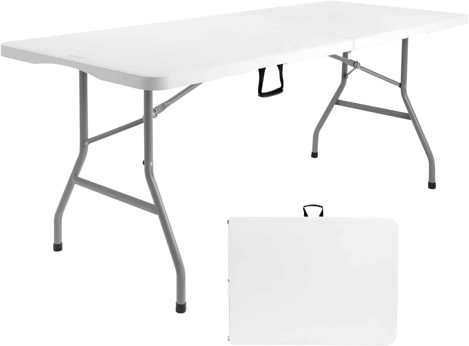 6ft Folding Table, Portable Heavy Duty Plastic Table for Party, White | Fold-in-half Design with Carry Handle,Easy Setup,Compact Storage. Supports 330 lbs for Indoor & Outdoor use,Camping, Picnic