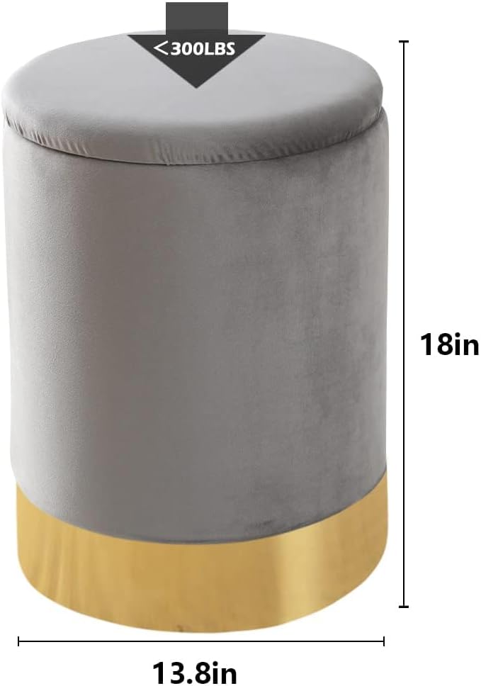Round Ottoman Set of 2,Upholstered Footrest Stool Support 300lbs,Modern Padded Seat Foot Stool Coffee Table,Vanity Stool with Storage and Metal Legs for Living Room (Grey Velvet)