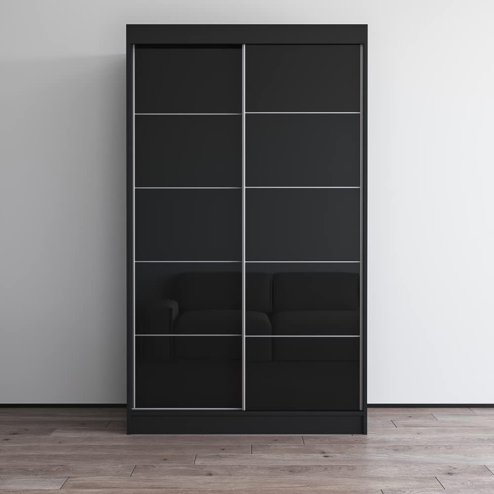 Meble Furniture Aria 2D Wardrobe with Mirror Doors — Spacious Storage with Shelves and Hanging Space — Modern Bedroom Closet — Black, 80" H x 47/59" W x 26" D