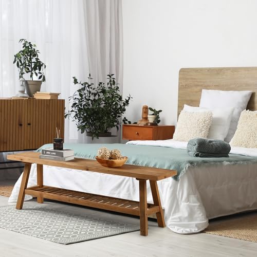 HOKYHOKY Reclaimed Solid Wood Bench-55 Entryway Bench with Storage Shelf | Farmhouse Narrow Rustic Bench, Hallway, Kitchen, Bedroom, Dining, Indoor