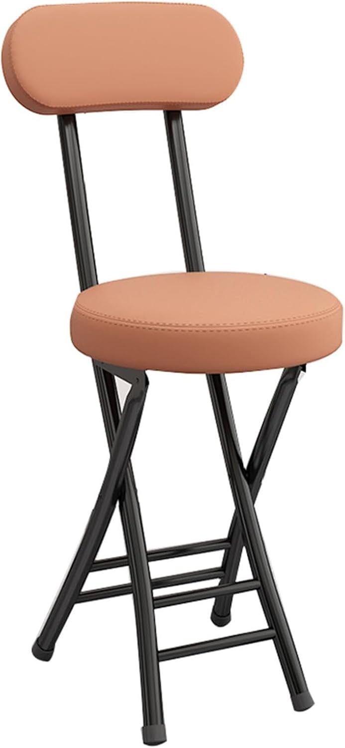 Folding Stool with Backrest, Cushioned Padded Leather Round Portable Foldable Bar Stool Chair for Kitchen(Light Brown)