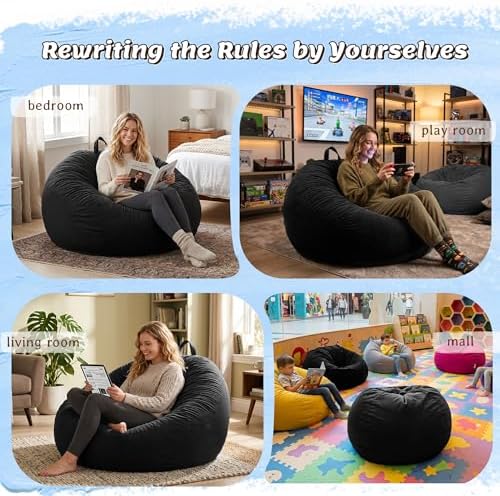 ZurNesfure Bean Bag Chair, Teardrop Large Bean Bag with Filling Black, 3FT | Bean Bag Chairs for Living Room, Washable Comfy Chair with Handle, Fluffy Bean Bag for Reading Gaming Relaxing