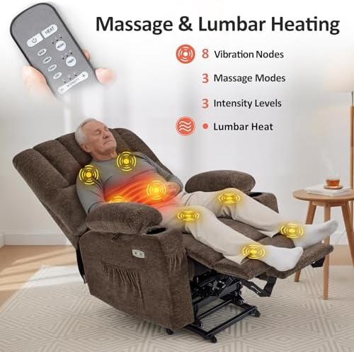 MCombo Power Lift Recliner Chair for Elderly 7095 (Medium, Coffee) | Stand Assistance, Heat and Massage, 4.7" Extra Footrest, USB Charge Ports, Cup Holders, Side Pockets, Fabric, Easy Assembly
