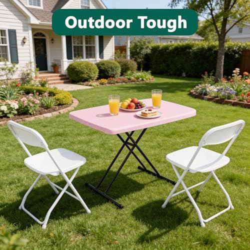 30 Inch Folding Table, Adjustable Height TV Tray for Small Spaces, Heavy Duty Foldable Utility Table for Laptop, Dining, Camping, No Assembly, 200 lbs Capacity, Pink Granite