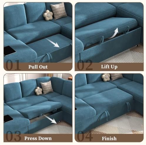 wanan Sectional Sleeper Sofa with Pull Out Couch Bed, 7 Seats Modular U Shaped Cloud Couch with Storage Chaise, Dual Arm Storage & USB Charging, Adjustable Backrest Sofa,Blue Corduroy
