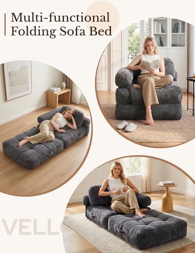 Folding Sofa Bed, L-Shaped Couch Back Support and Arm Pillow Futon | Convertible Sofa Bed for Living Room/Guest Use/Home Office, Foldable Couch for Adults, Dark Gray