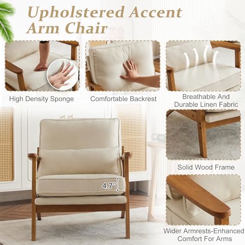 VINGLI Solid Wood Wide Armrests Accent Chair,Upholstered Mid Century Modern Chair with Pillow,Comfy Reading Chair Farmhouse Arm Chair,Chairs Living Room,Bedroom,Guest Room,Linen Fabric,Beige