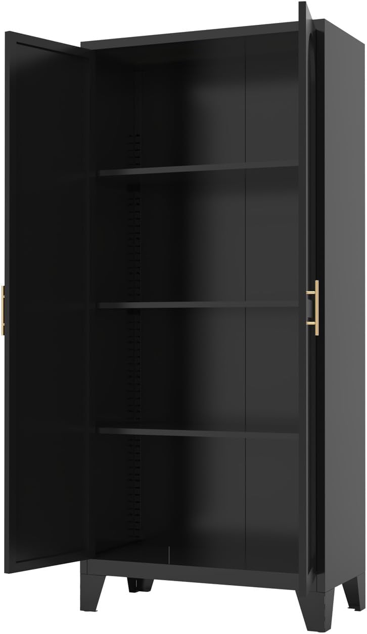 61" Tall Kitchen Pantry Cabinet, Black Metal Garage Storage Cabinet with Doors and Adjustable Shelves, Kitchen Cupboard, Pantry Cabinets for Kitchen, Dining Room, Office, Easy Assembly