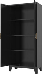 61" Tall Kitchen Pantry Cabinet, Black Metal Garage Storage Cabinet with Doors and Adjustable Shelves, Kitchen Cupboard, Pantry Cabinets for Kitchen, Dining Room, Office, Easy Assembly