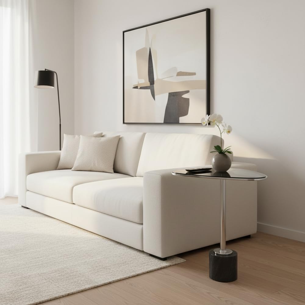 Modern Day Accents 3741 Moderna End Table, Marble and Glass Side Table with Polished Aluminum Frame, Egg-Shaped Smoked Glass Top, Entry Table, Black Marble, Contemporary End Tables, 22.25" H