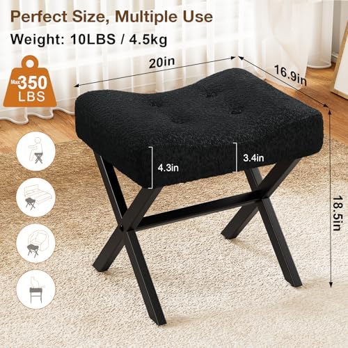 Memobarco 18-Inch Large Vanity Stool Chair, Black Makeup Stool | Teddy Flannel Vanity Bench, Metal X-Leg, 350 LBS, 20"x16.9"x18", Ottoman Accent Stool, Breathable Soft Padded Saddle Seat