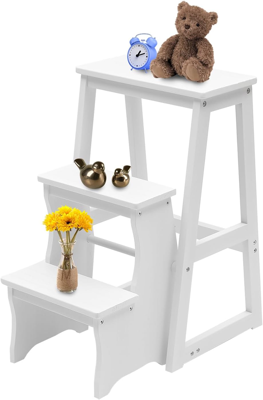 Folding Library Ladder Chair, 3-Step Stool Stepladders Lightweight Portable Multi-Functional Wood Step Ladder for Home,Kitchens, Garages (White)