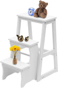 Folding Library Ladder Chair, 3-Step Stool Stepladders Lightweight Portable Multi-Functional Wood Step Ladder for Home,Kitchens, Garages (White)