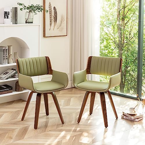 LUNLING Swivel Accent Faux Leather Dining Chairs Set of 2 Mid Century Modern Chairs with Wooden Legs/Armrest/Upholstered Seat/Adjustable Foots for Kitchen Dining Room Desk Chairs Green