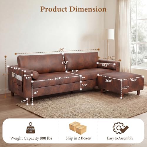 Vesgantti 100" L-Shaped Faux Leather Sectional Couch, Wide Seating, Cocoa | 3 Seater with Movable Ottoman, Mid Century Modern Modular Sofa for Living Room, Apartment, Easy to Assemble, Side Pocket
