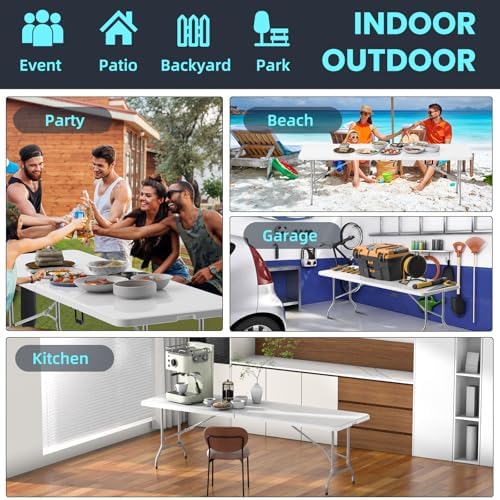 Folding Table Picnic Table, 8 ft Camping Table with Handle and Safety Locks | Foldable Portable Dining Table, Heavy Duty HDPE Plastic, Indoor Outdoor for Camping, Picnic and Party